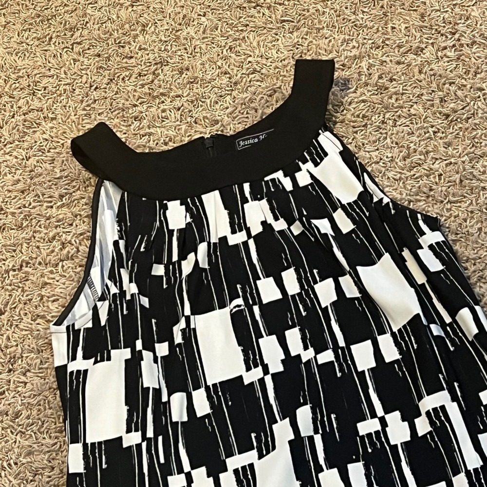 Jessica Howard Black White Geometric Block Print Halter Shift Dress Petite 12P